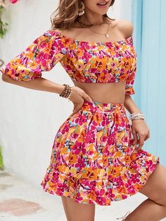 Multicolor Boho Collar   Floral,All Over Print  Embellished Non-Stretch  Women Clothing Off Shoulder Crop Top, Skirt Summer, Half Skirt, Top And Skirt, Shoulder Crop Top, Cropped Top, Two Pieces, Summer Beach