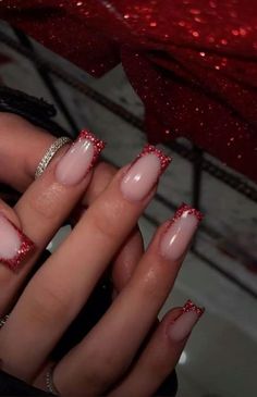 Glitter Red Nail Designs, Red Nails With Glitter Design, Red Nails And Glitter, Red Nail Designs Glitter, White Red Gold Nails, Red Glitter Square Nails, Red Nail Set Prom, Prom Nails For A Red Dress, Nail Ideas Red Design