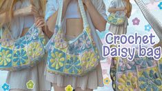 crochet daisy bag pattern with two girls in the background and text that reads, crochet daisy bag