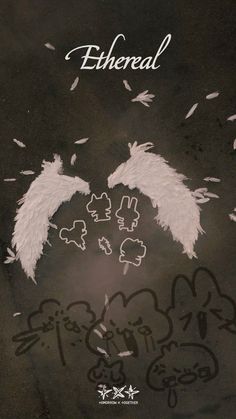 an advertisement for etheral with graffiti on the ground and two wings flying above it