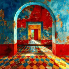 an empty room with red, yellow and blue paint on the walls is pictured in this painting