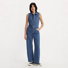 Sleeveless Jumpsuit - Medium Wash | Levi's® US Utility Style Sleeveless Jumpsuits And Rompers With Pockets, Casual Sleeveless Shortalls With Pockets, Casual Sleeveless Jumpsuits And Rompers With Buttons, Sleeveless Casual Jumpsuits And Rompers With Buttons, Casual Sleeveless Overalls With Side Pockets, Sleeveless Cotton Utility Jumpsuits And Rompers, Sleeveless Cotton Jumpsuit With Buttons, Casual Sleeveless Jumpsuits With Side Pockets, Sleeveless Relaxed Fit Shortalls With Pockets