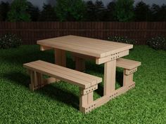 a picnic table and benches in the grass