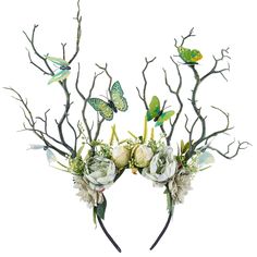 PRICES MAY VARY. Unique Design: The branch headband is a unique and exquisite design that incorporates tree branches, leaves, flowers, butterflies and mushrooms to create a forest-inspired look. With its distinctive and beautiful appearance, wearing this woodland headband will make you stand out as the most unique person at any event, especially during festive occasions. Handmade Craftsmanship: Each flower tree headband is carefully crafted by our professional design team and it takes a long tim Ren Faire Headpiece, Unicorn Headdress, Woodland Headband, Headdress Crown, Antler Tree, Antler Crown, Antler Flower, Elf Crown, Magical Fairies