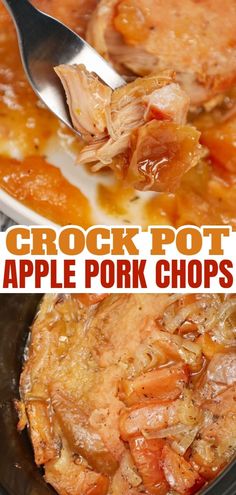 the crock pot apple pork chops are ready to be eaten