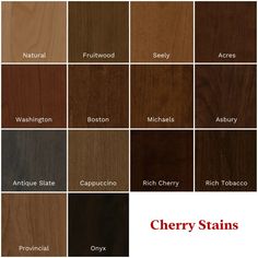 many different types of wood stains in various colors and sizes, with the words cherry stains