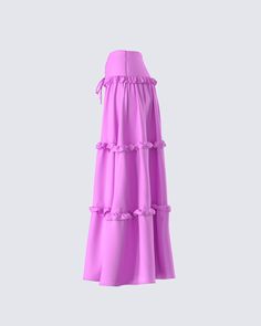 A modern-day muse 💜 Turn every outing into a grand affair in this lilac tiered maxi skirt crafted from plain-weave fabric and adorned with chic grommets, lace-up details, and playful tiered ruffles 🤩 Elegant Pink Tiered Maxi Skirt, Luxury Tiered Ruffle Maxi Skirt, Purple Stretch Tiered Skirt, Purple Flowy Tiered Maxi Skirt, Luxury Pink Tiered Maxi Skirt, Tiered Maxi Skirt, Graphic Top, Ruffle Shorts, White Jersey