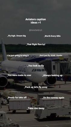 an airplane parked on the tarmac at an airport with captions about it's destinations