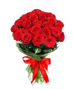 a bouquet of red roses with a bow