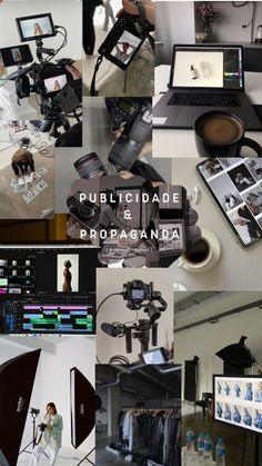 a collage of photographs with cameras, laptops and other things on display in the background