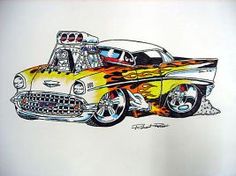 a drawing of a yellow car with flames on it's hood and tail lights