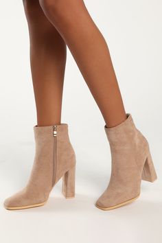 The Lulus Andies Taupe Suede Mid-Calf Square Toe Booties are an absolute wardrobe staple for every sophisticated IT girl! Suave faux suede shapes these cute boots that have a square toe upper that rises to a 5"" mid-calf shaft, all secured by a 7"" zipper at the instep. An sturdy, sleek wrapped block heel adds some pep to your stride! 4" wrapped block heel. Cushioned insole. Felted rubber sole has nonskid markings. All Man Made Materials. Imported. Lulus | Andies Taupe Suede Mid-Calf Square Toe Booties | Size 9. Square Toe Ankle Boots, Taupe Heels, Fall Booties, Tan Booties, Fab Shoes, Cute Boots, Fall Shoes, Crazy Shoes, It Girl