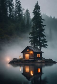 a small cabin sits on an island in the middle of a foggy lake at night