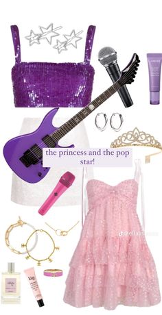 a woman's outfit and accessories including a purple guitar