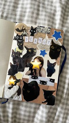 an open book with pictures of cats and stars on it, sitting on a bed