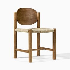 a wooden chair with a woven seat pad on it's back and armrests