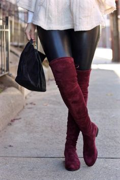 Paisley Slim Fit Flat Heel Boots Burgundy Boots Outfit, Ideas Fiesta, High Boots Outfit, Burgundy Boots, Thick Leggings, Flat Heel Boots, Leggings And Socks, Red Boots, Boots Fall