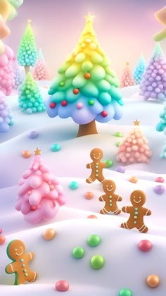 an animated christmas scene with gingerbreads, trees and candy balls on the snow