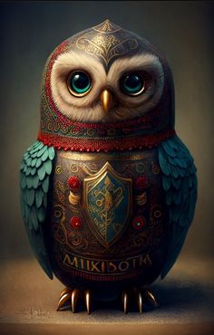 an owl sitting on top of a metal container with blue eyes and gold trimmings