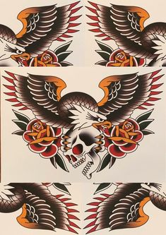 four different colored tattoos on white paper with an eagle and rose design in the middle