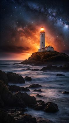 a light house sitting on top of a rocky shore under a night sky filled with stars