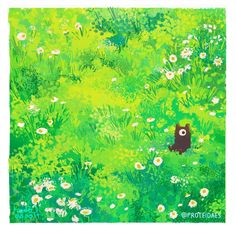 a painting of a bear in the middle of a field with daisies and wildflowers