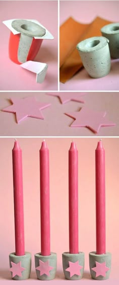 several different pictures of candles and bowls on pink background with text overlay that reads, how to make candle holders out of paper plates