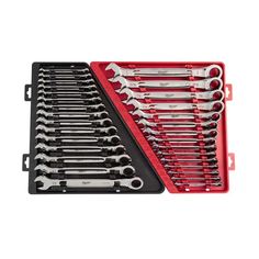 a set of wrenches in a red case