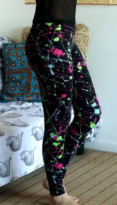 I have stated before I love leggings, and this pair are a pair of the best. I love them !!!!!! Paint Shirt Ideas, Neon Paint Splatter, Painted Leggings, Paint Shirt, Neon Paint, Gothic Leggings, High Waist Sports Leggings, 80s Neon, Camouflage Leggings