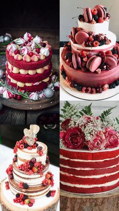 four different types of wedding cakes with flowers and hearts on the top one is red