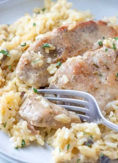 a white plate topped with rice and meat covered in gravy next to a fork