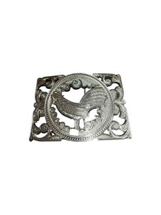 a metal belt buckle with a rooster on it