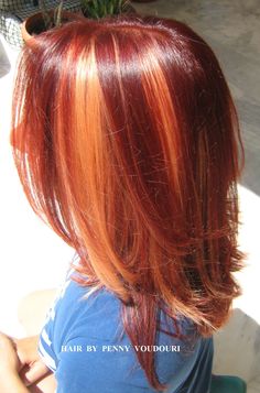 Cherry Red And Ginger Hair, Blonde And Red Chunky Highlights, Red Highlights On Ginger Hair, Red With Orange Highlights, Orangish Red Hair, Red Hair Chunky Highlights, Shades Of Red Hair Color Chart, Red Hair With Orange Highlights, Orange Hair Highlights