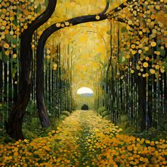 an oil painting of trees and yellow flowers