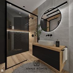 a bathroom with a sink, mirror and shower stall in the middle of the room