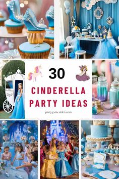 cinderella birthday party ideas with princess theme and blue decorations, including cupcakes, cake pops