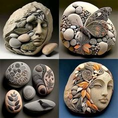 four different pictures of rocks with faces and flowers on them, one is made out of stones