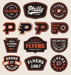 the philadelphia flyers logos and emblems are shown in orange, black, and white