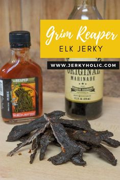 Grim Reaper Elk Jerky on a wooden board sight hot sauce bottles in the background. Making Jerky, Around The World Food, Jerky Recipes, Dehydrated Food, Dehydrator Recipes