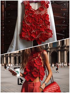 a woman in red is holding a handbag and wearing a white top with flowers on it