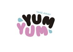 the words yum yum written in black, pink and blue on a white background