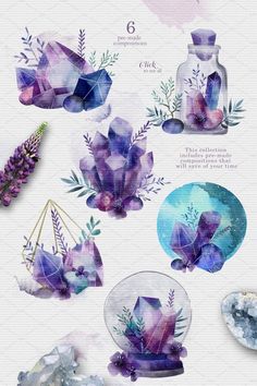 watercolor flowers and crystals are featured in this graphic art work, which includes purple hues