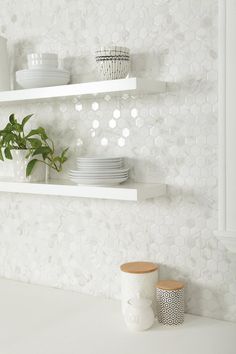 two white shelves with plates and cups on them, one has a potted plant