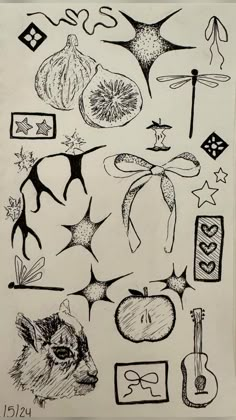 an ink drawing of various items on paper