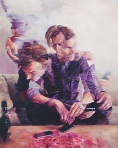 a painting of two men cutting meat on a table