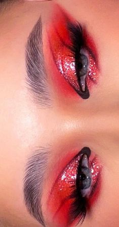 Neon Pink Liner Makeup, 90s Goth Makeup Looks, Cool Makeup Looks Creative Full Face, Red And Gold Makeup Looks, Red Nd Black, Artsy Eye Makeup, Extravagant Makeup Looks, Edgy Makeup Looks Grunge, Red Glam Makeup