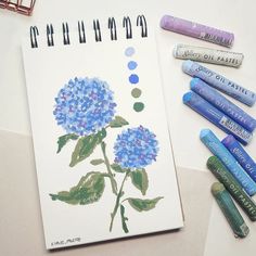 some crayons and markers are next to a drawing of a blue hydrangea