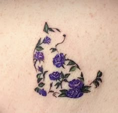 a cat tattoo with purple roses on it's back and chest, in the shape of a cat