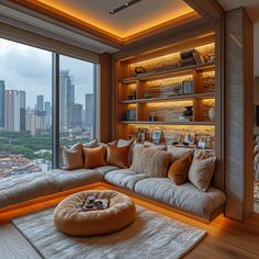 a living room filled with lots of furniture next to a large window overlooking the city