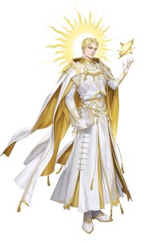 a woman dressed in white and gold holding a star